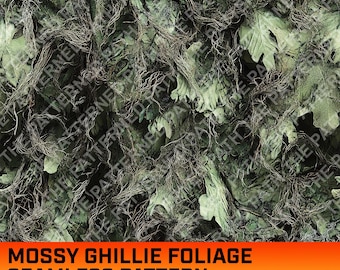 Traje Ghillie com Musgo, Padrão Digital de Camuflagem de Grama, Textura de Folhagem, Padrão de Caça, Vida de Caça, Sem Costura, Uso Comercial, PNG, Militar
