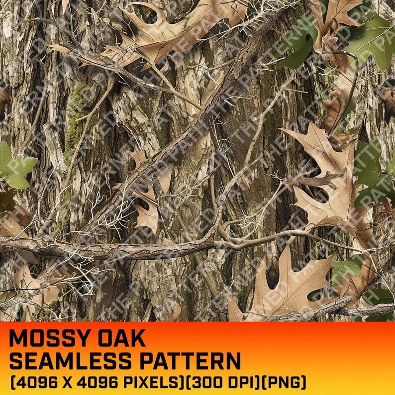 May include: A seamless mossy oak camouflage pattern with brown, green, and tan colors. The pattern is made up of leaves, branches, and bark.