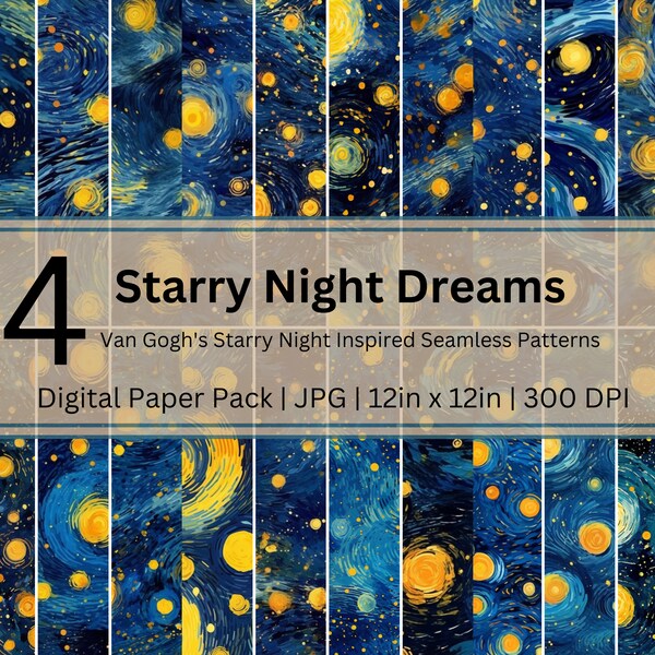 Starry Night Dreams Seamless Patterns - Pack of 24 Van Gogh-Inspired Designs for Crafting and DIY Projects