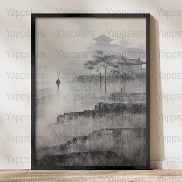 Asiatische Landschaft Kunstwerk, Digitaldruck, Nebel Berg Pagode Szene, Monochrome Wandkunst, ruhige Natur Dekor