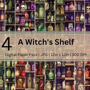 May include: A digital paper pack with 24 different designs featuring a witch's shelf filled with potion bottles, skulls, and other magical items. The designs are 12 inches by 12 inches and 300 DPI.
