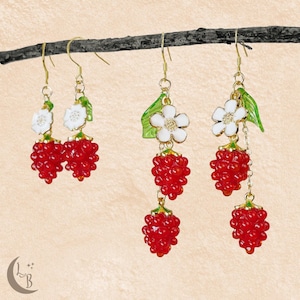 Raspberry Earrings, Glass Fruit Drop Earrings, Cute Berry Jewelry, Spring Earrings, Red Dangle Earrings, Gift for Her, Kawaii Accessories