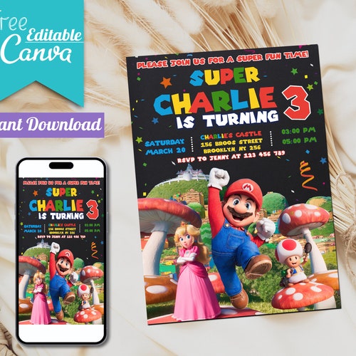 Printable Birthday Invitation Mario Invite Super Mario - Etsy