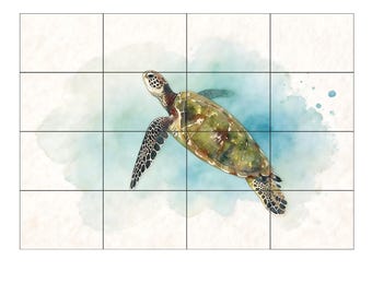 Akvarellmålning med havssköldpadda – Stor kaklad väggkonst (digital nedladdning)