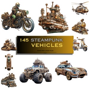 145 Clipart di veicoli Steampunk/Sfondo trasparente/Download digitale stampabile
