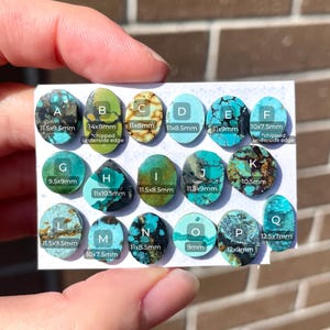 May include: A collection of turquoise gemstones in various shapes and sizes, displayed on a white card. Each stone is labeled with a letter and measurements in millimeters, such as 11.5x9.5mm. The stones feature a mix of blue, green, and brown hues.