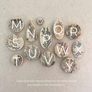 Puede incluir: Un conjunto de 16 fichas de letras de piedra natural, cada una con una letra diferente del alfabeto. Las piedras son de color marr&oacute;n claro con un patr&oacute;n &uacute;nico de dendritas marr&oacute;n oscuro. Las letras est&aacute;n pintadas de blanco.