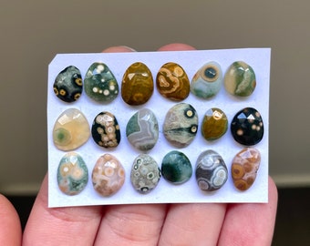 May include: A collection of 16 green, brown, and white ocean jasper cabochons. The cabochons are all different shapes and sizes, and they have a variety of patterns.