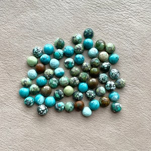 May include: A collection of turquoise cabochons in various shades of blue and green. The cabochons are round and have a smooth, polished surface.