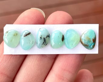 Pode incluir: Seis pedras preciosas polidas em tons de verde e azul são exibidas em um cartão branco. As pedras variam em forma e apresentam padrões únicos de inclusões marrons e pretas. As pedras preciosas são seguradas pelos dedos de uma pessoa.