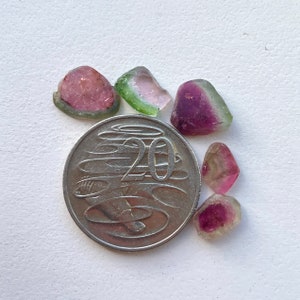 May include: A collection of six small, faceted, pink, green, and purple gemstones. The gemstones are arranged around a 20 cent Australian coin.