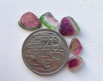 May include: A collection of six small, faceted, pink, green, and purple gemstones. The gemstones are arranged around a 20 cent Australian coin.