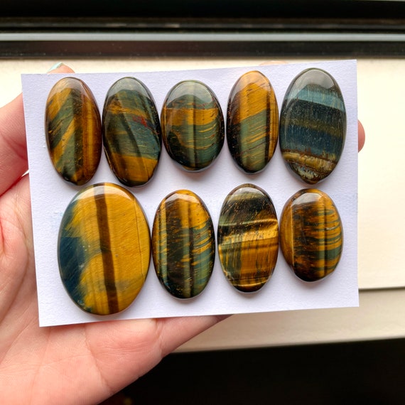 1pc Golden Blue Tigers Eye Cabochon - Smooth Flat back Oval Silky Quartz with Inclusions - DIY Wire wrapping jewelry natural gemstones E10