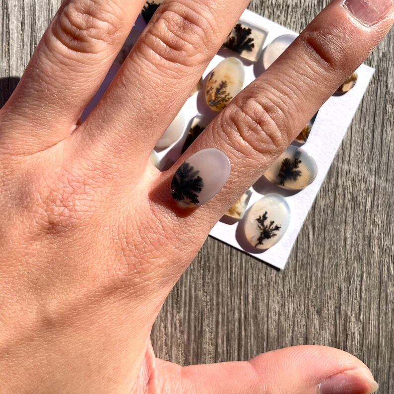 May include: A collection of oval-shaped agate cabochons with dendritic patterns in shades of black and white. The cabochons are arranged on a white card and are displayed on a wooden surface.