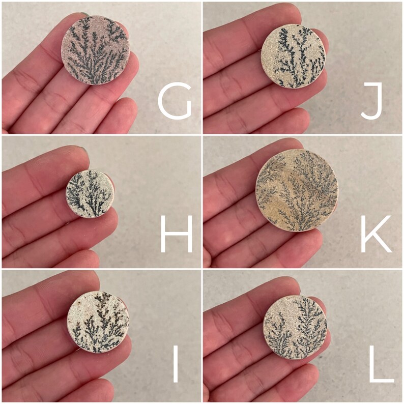 Op de afbeelding: Zes ronde, platte, decoratieve stenen met een dendritisch patroon in zwart en wit. De stenen hebben een lichtbruine, beige of roze achtergrond.