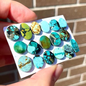 May include: A collection of turquoise gemstones in various shapes and sizes. The stones display a range of colors, including vibrant blues, greens, and browns, with unique veining patterns. The gemstones are displayed on a white surface.