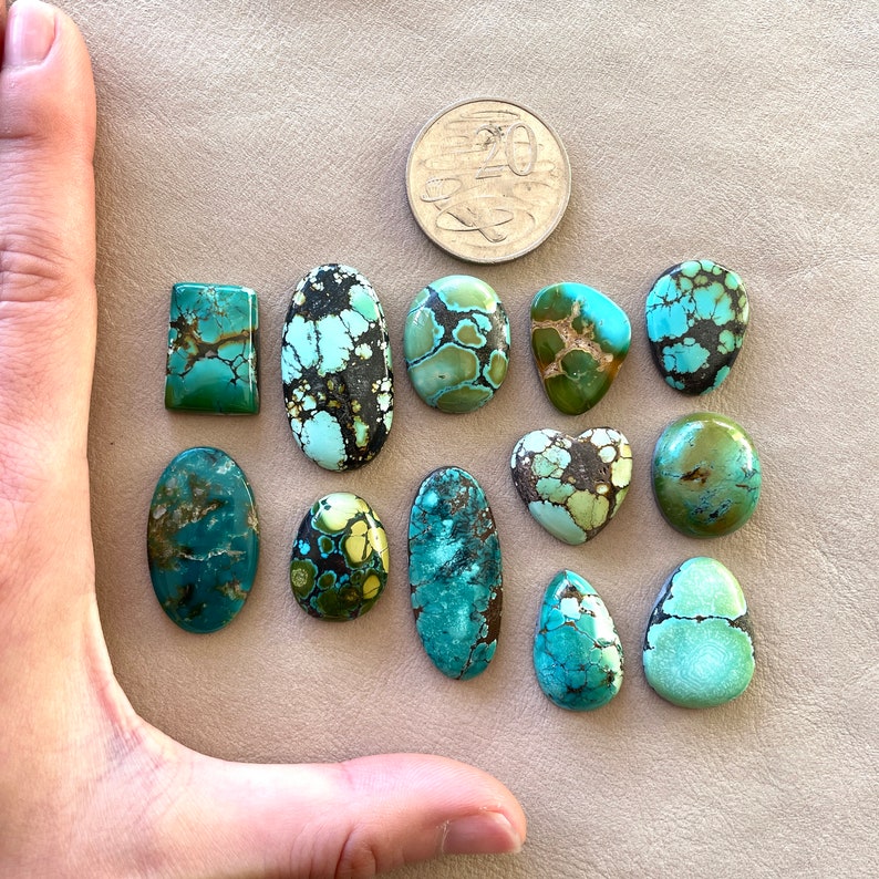 Op de afbeelding: Een verzameling van 12 turquoise cabochons in verschillende vormen en maten, waaronder ovaal, rond, hartvormig en vierkant. De stenen zijn een mix van blauwe, groene en bruine kleuren met ingewikkelde patronen.
