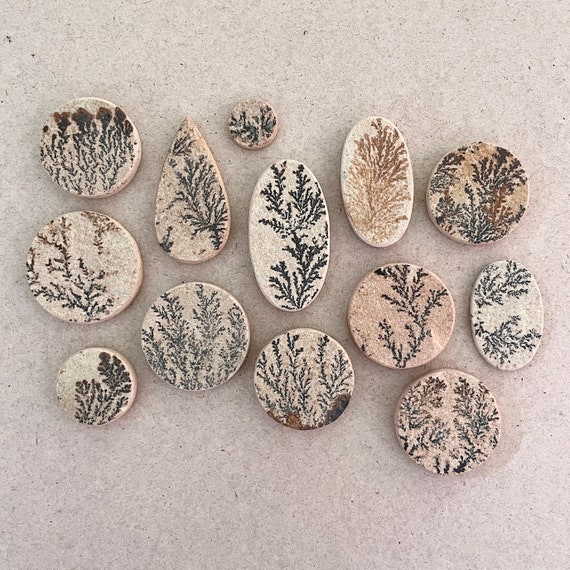 1pc German Dendritic Psilomelane Limestone Cabochon - Flat Back Natural dendrite scenic landscape - Natural Gemstones Australia E2