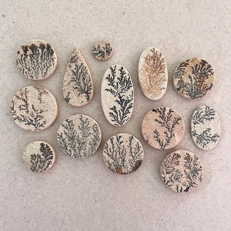 Puede incluir: Una colecci&oacute;n de 13 piedras pulidas redondas y ovaladas con un patr&oacute;n dendr&iacute;tico &uacute;nico en tonos marrones y negros. Las piedras est&aacute;n dispuestas sobre una superficie beige.