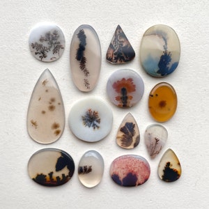 May include: Assortment of 15 agate cabochons with dendritic patterns in various colours, including brown, black, white, red, and blue. The cabochons are arranged in a grid pattern on a white surface.