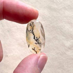 May include: An oval-shaped, clear gemstone with a dendritic inclusion. The inclusion features black, tree-like patterns with yellow and orange hues. The gemstone is held between two fingers, showcasing its polished surface and natural beauty.