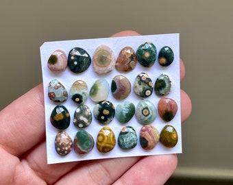 May include: A collection of twenty-four polished ocean jasper gemstones in various shapes and sizes. The stones display a range of colors, including green, brown, pink, and white, with unique patterns and textures. They are arranged on a white card.