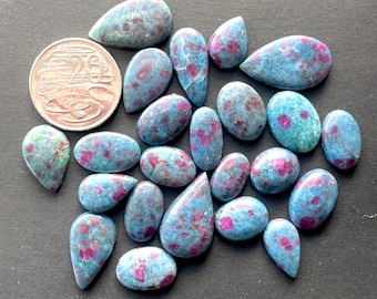 1pc Ruby in Kyanite Flat back Cabochon- Polished oval teardrop - Fuchsite Ruby Blue -  Natural Gemstones australia - DIY Ring Jewelry Making