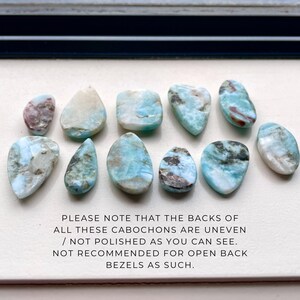 May include: Ten cabochons of blue, white, and grey gemstone with brown and red inclusions. The stones are uneven and not polished on the back.
