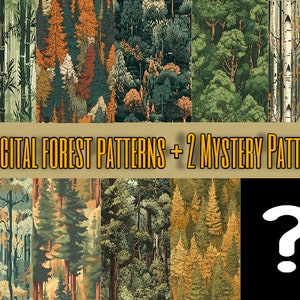 Könnte beinhalten: Ein digitaler Download von 20 Waldmustern und 2 Mystery-Mustern. Die Muster zeigen verschiedene Waldszenen mit Bäumen, Blättern und Ästen in Grün-, Braun- und Gelbtönen.