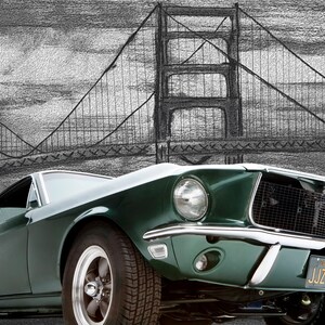 1968 Bullitt Mustang GT 390 with Hand-Drawn Background - Art Print