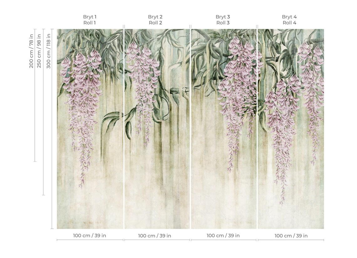 WISTERIA / Flowers Wallpaper With Texture, Wall Mural Painting, Custom ...