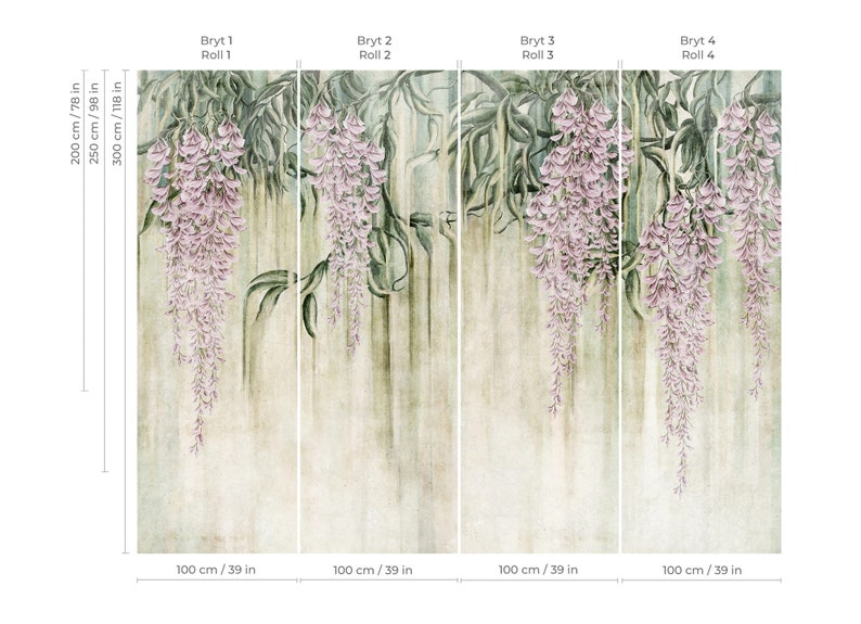 WISTERIA / Flowers Wallpaper With Texture, Wall Mural Painting, Custom ...