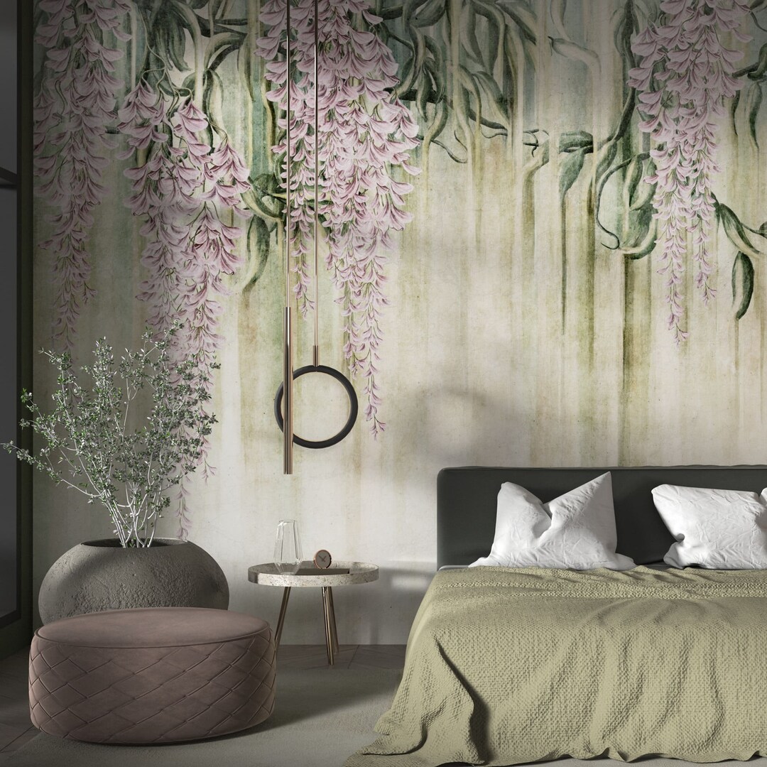 WISTERIA / Flowers Wallpaper With Texture, Wall Mural Painting, Custom ...