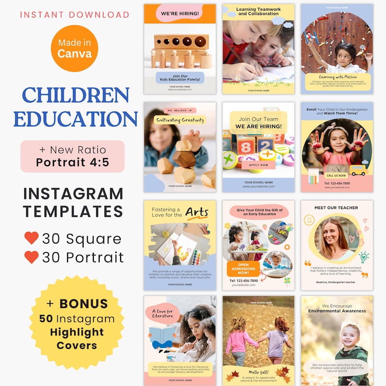 Social Media Post Children Early Education Instagram New Size Template Portrait 4:5 School Instagram Canva Template Kindergarten Preschool