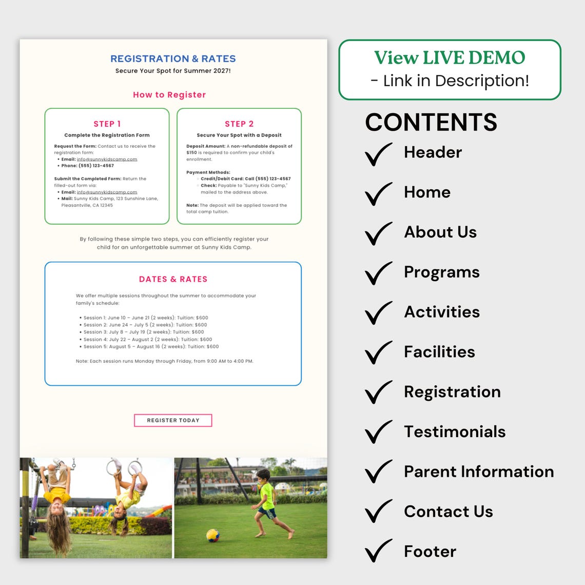 Summer Camp Website Template for Summer School Program Landing Page