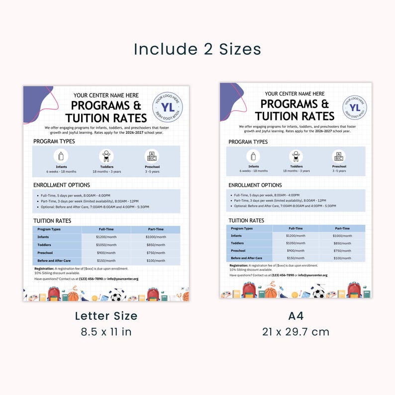 Daycare Programs & Tuition Rates Template Canva Editable Tuition Fees Info Sheet Childcare Price List Pre-K Pricing Info Mobile Friendly PDF
