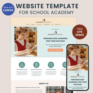 Può includere: Modello di sito web per un'accademia scolastica chiamata Achieve Academy. Il modello presenta uno schema di colori blu e bianco con una foto di un bambino che impara. Il testo sul sito web dice "Apprendimento personalizzato per il tuo successo" e "Tutoraggio personalizzato adattato alle tue esigenze e ai tuoi obiettivi unici."