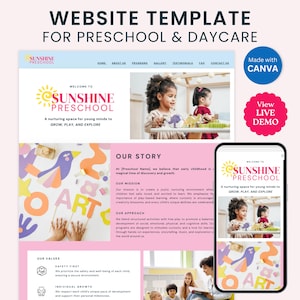 May include: Website template for a preschool or daycare. The template features a colourful design with a playful art theme. The text on the website says "Welcome to Sunshine Preschool" and "A nurturing space for young minds to grow, play, and explore".