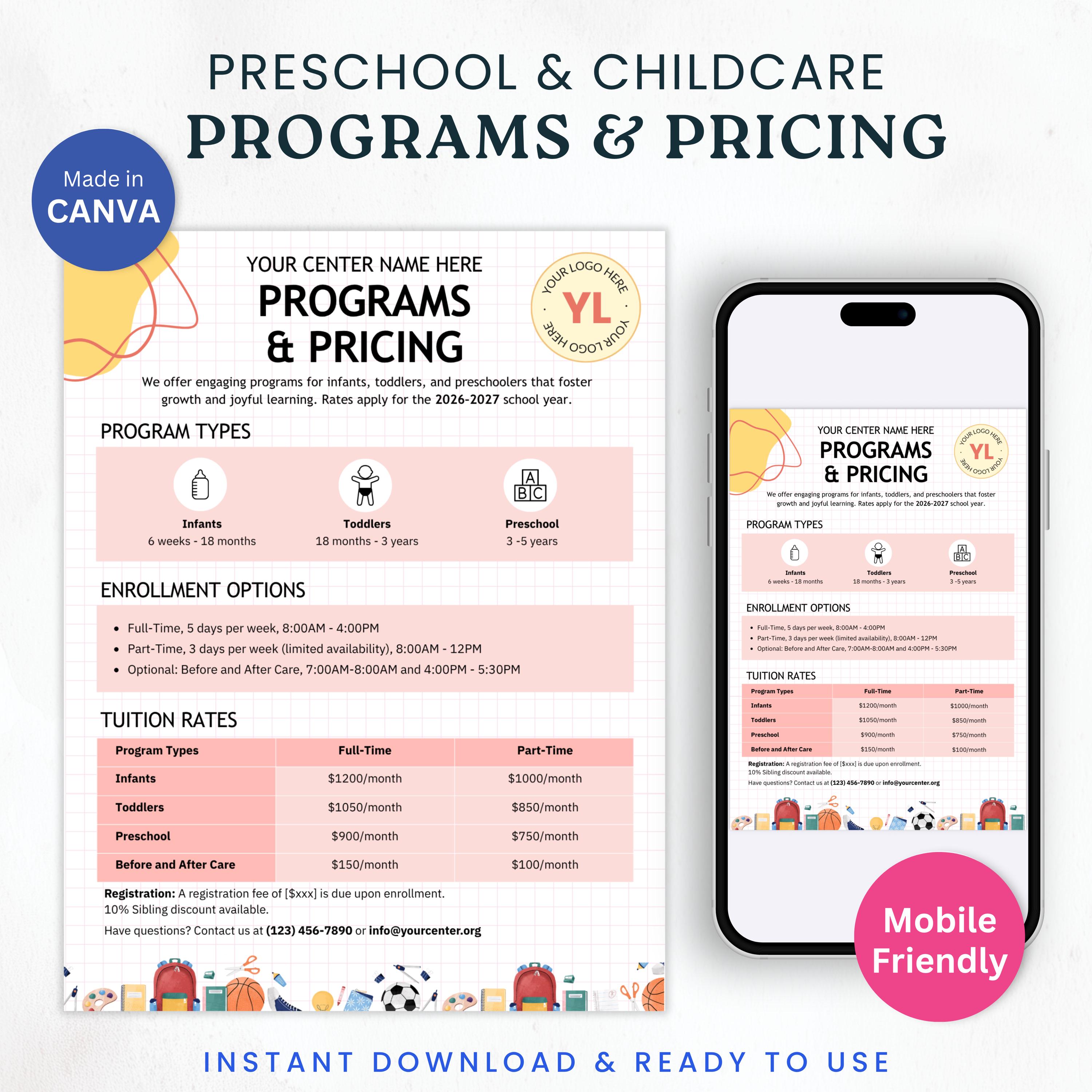 Childcare Programs & Pricing Template Canva Editable Daycare Price List ...