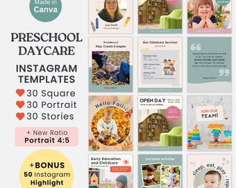 Puede incluir: Una colección de plantillas de Instagram coloridas para una guardería. Las plantillas presentan imágenes de niños, texto sobre los servicios de la guardería y una variedad de diseños. Las plantillas están diseñadas para ser utilizadas en las redes sociales para promover la guardería.