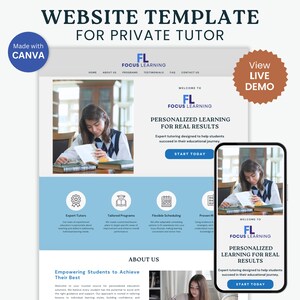 Può includere: Modello di sito web per un'attività di tutoraggio privato chiamata Focus Learning. Il sito web presenta uno schema di colori blu e bianco con una foto di uno studente che studia in biblioteca. Il sito web include anche una call to action per iniziare oggi.