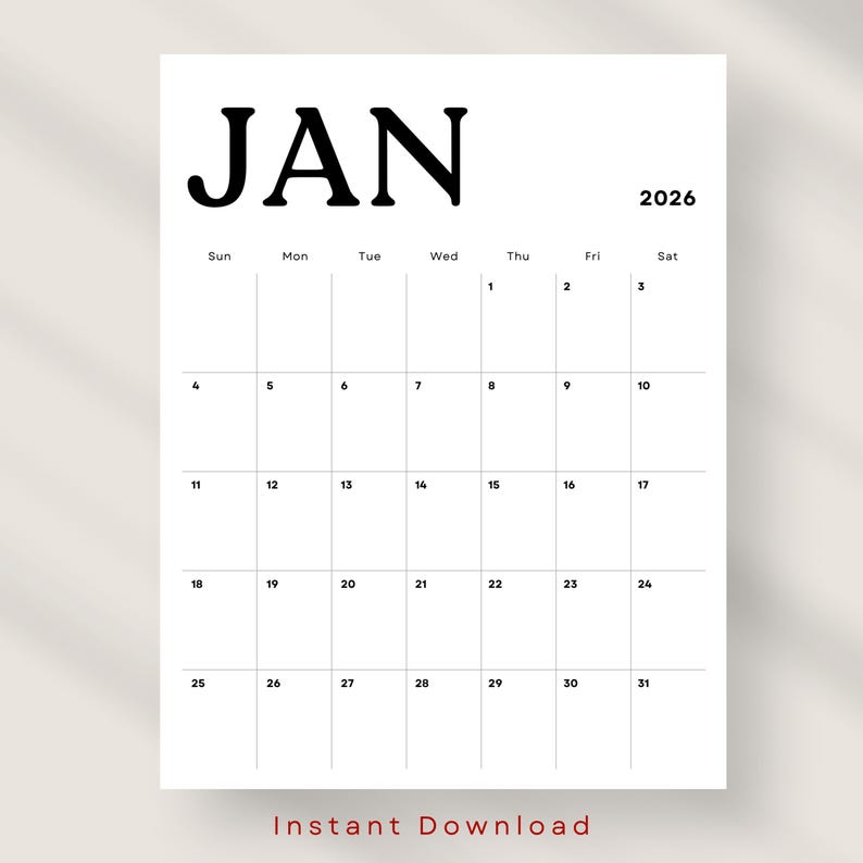 2026 Calendar Portrait 2026 Monthly Planner Minimalist Printable PDF ...