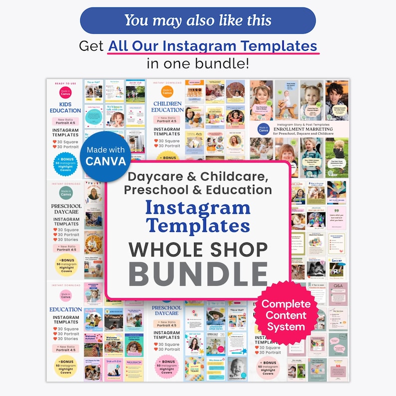 Instagram Templates Whole Shop Bundle for Preschool Daycare Canva Childcare Social Media Post Education Center IG Complete Content System