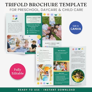 Edytowalny szablon broszury Trifold dla przedszkola, przedszkola, ulotki, szablon Canva, broszura edukacyjna dla dzieci, marketing szkolny