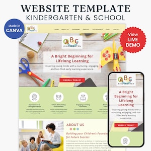 Plantilla de sitio web para jardín de infantes, plantilla de Canva, sitio web para centro de matrícula escolar, sitio web para preescolar, página de destino para preescolar, educación temprana, sin código