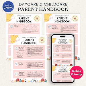 編集可能な育児保護者ハンドブック テンプレート Canva デイケア ウェルカム パケット 幼稚園ポリシー ガイド 教師とセンター スターター キット用に印刷可能