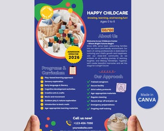 Daycare Flyer Template Childcare Leaflet Nursery Preschool Pamphlet Design Canva Template Kids Education Enrollment Kindergarten Marketing