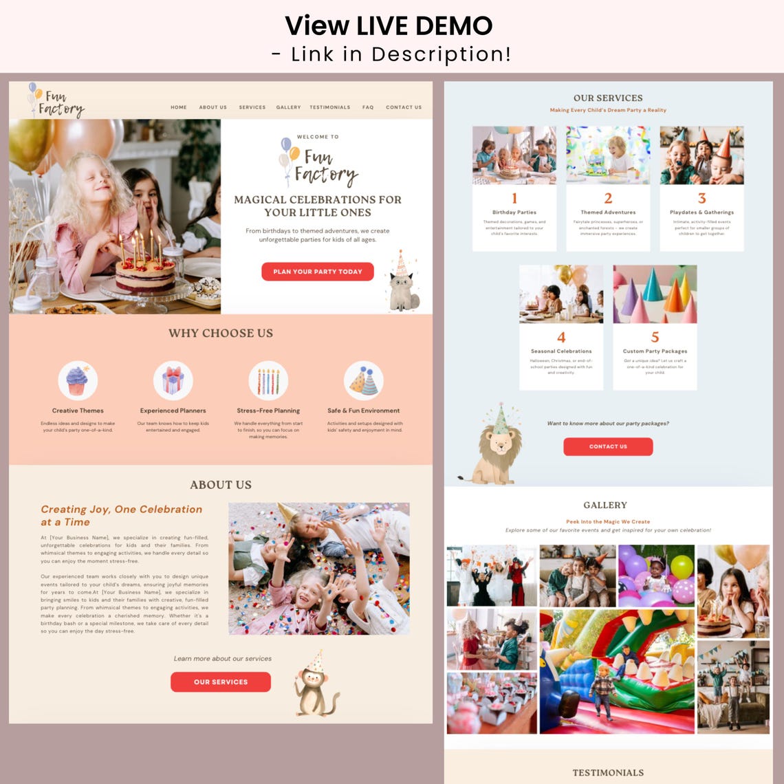 Website Template for Kids Party Planner Canva Website Event Planning
