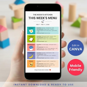 Puede incluir: Un teléfono inteligente muestra un menú semanal de "The Kiddo's Kitchen" con planes de comidas diarios. El menú incluye desayuno, almuerzo y meriendas, con opciones como avena, espaguetis y panqueques. El diseño incluye iconos coloridos y el texto "Edit in Canva" y "Mobile Friendly."