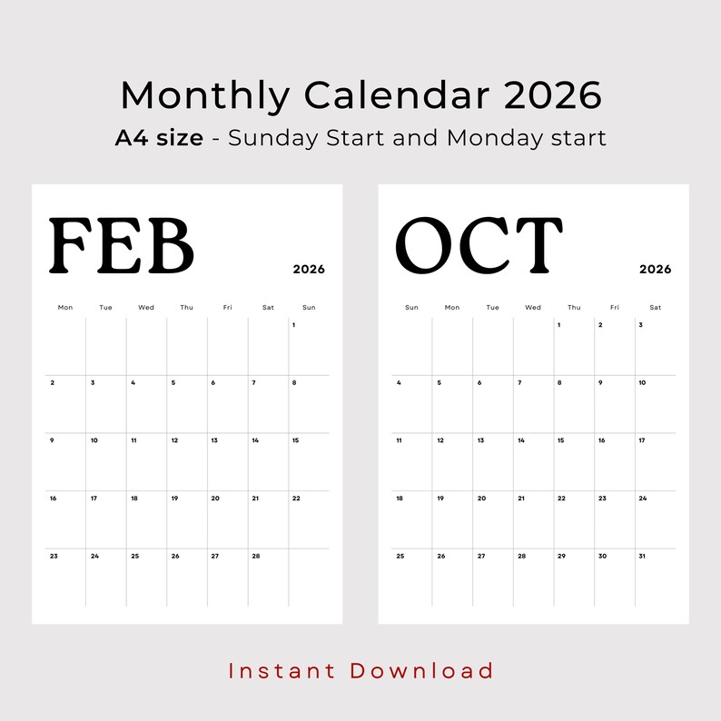 2026 Calendar Portrait 2026 Monthly Planner Minimalist Printable PDF ...